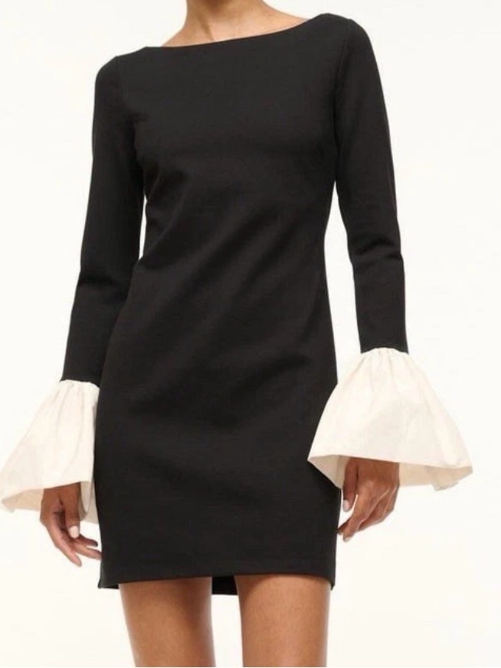 STAUD Black Mini Dress with White Ruffle Cuffs